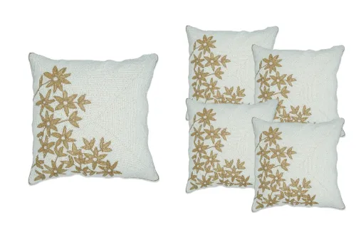 Milky Golden Flower Cushion Cover Set Of Five